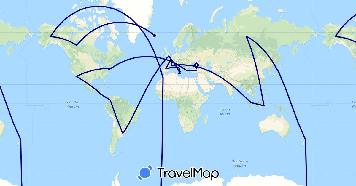 TravelMap itinerary: driving in Argentina, Canada, Colombia, Spain, France, United Kingdom, Greece, Guatemala, Indonesia, Iceland, Italy, Japan, Morocco, Malta, Nicaragua, New Zealand, Russia, Singapore, Turkey, United States, Uruguay (Africa, Asia, Europe, North America, Oceania, South America)